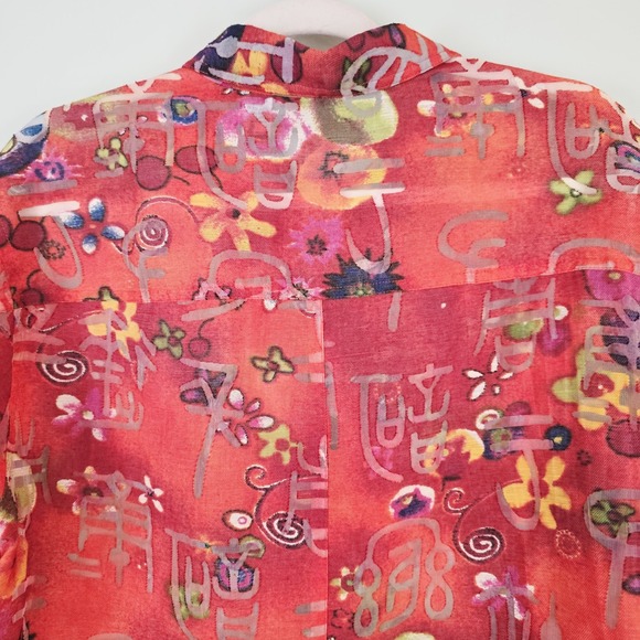 Chicos Women Large (2) Red Button Up Shirt Asian Inspired Sheer Linen Blend.A52‎ - Picture 10 of 11